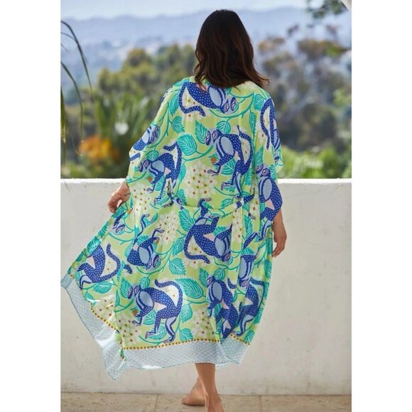Ellen Merchant Anthropologie Tie Front Kaftan Sz M L Tie Front Tropical Beach - Picture 2 of 10